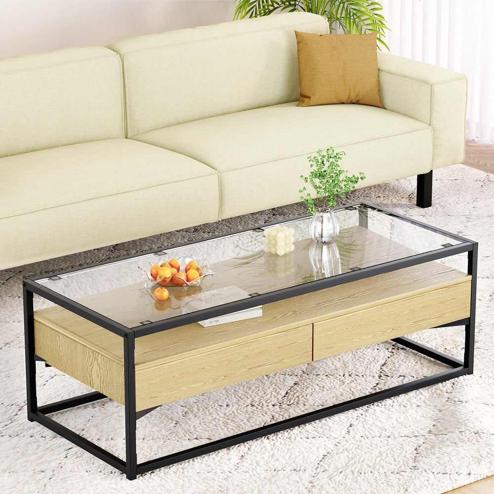 Pine Coffee Table 2 Drawers Glass Tabletop