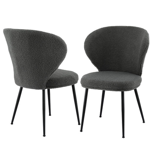 2x Dining Chairs Sherpa Boucle Wing Back Grey