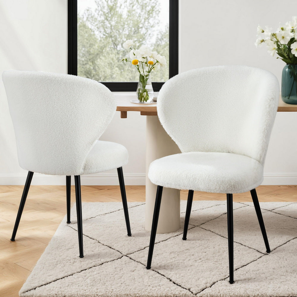 2x Dining Chairs Sherpa Boucle Wing Back White