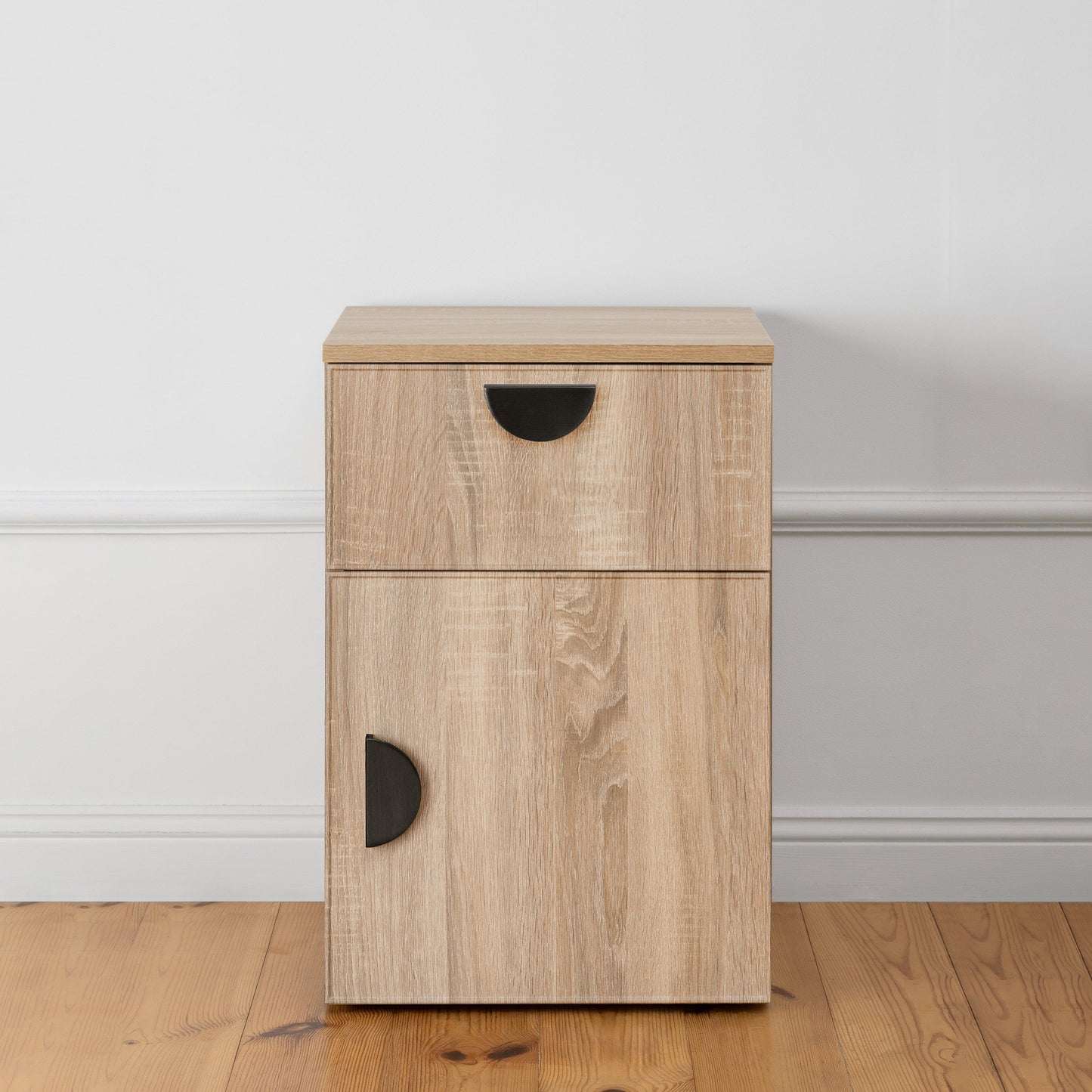 PORTO BEDSIDE TABLE - NATURAL OAK - SLIM - HALF MOON BLACK