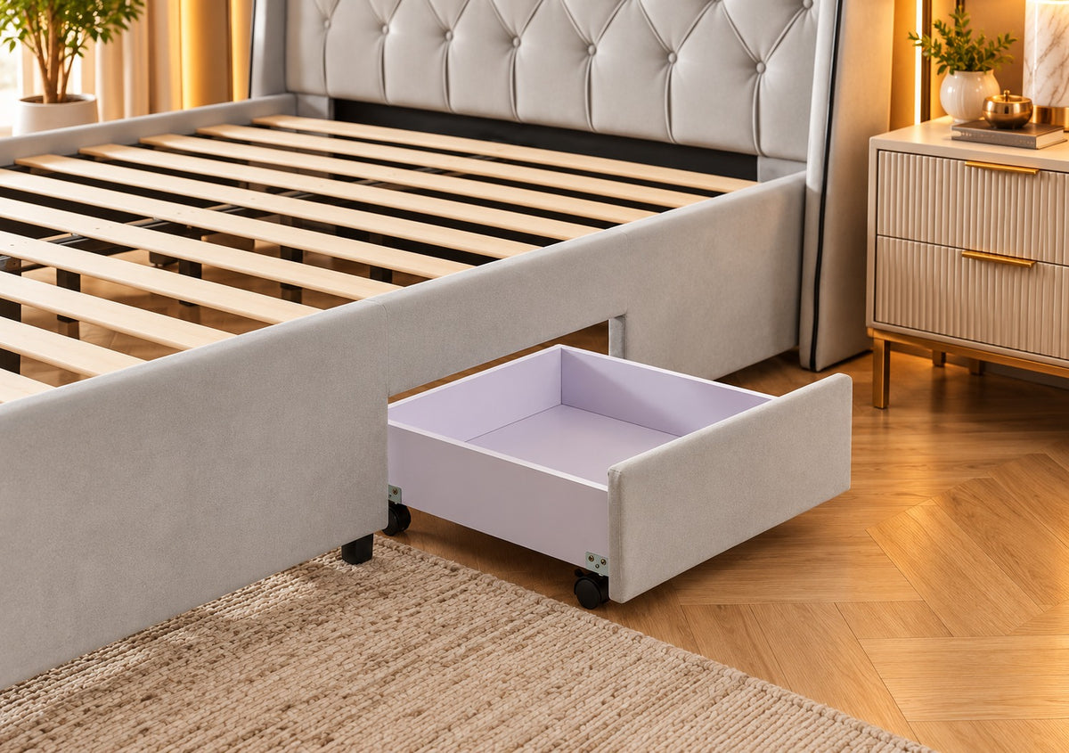 Brand New RIO Tufted Grey Bed Frame | 4 Drawers | King Size | Sydney Wide Delivery