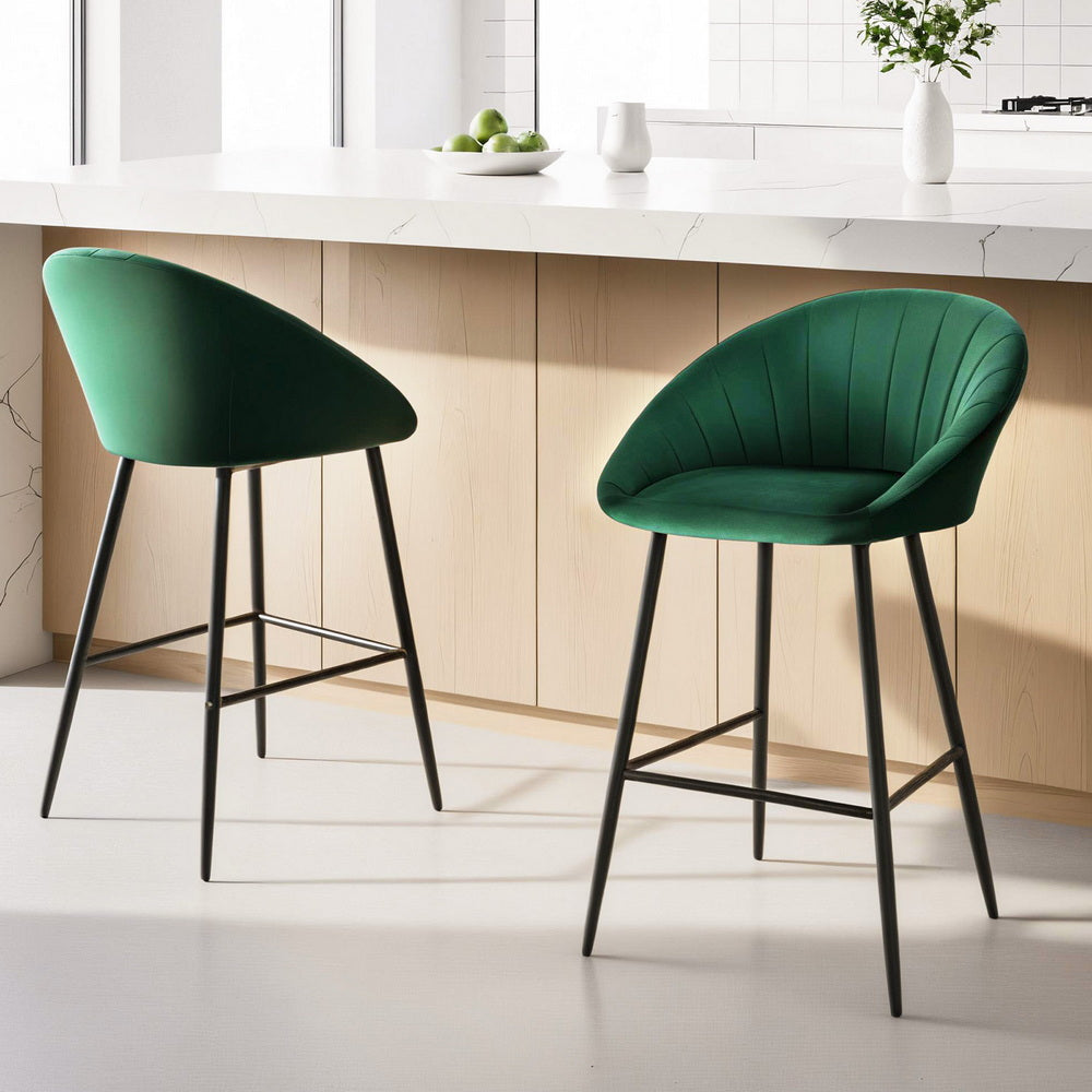 2x Bar Stools Kitchen Dining Chair Counter Stool Tub Velvet Metal Green