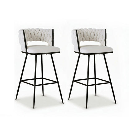 2x Bar Stools Kitchen Dining Chair Counter Stool Woven Velvet Metal Ivory