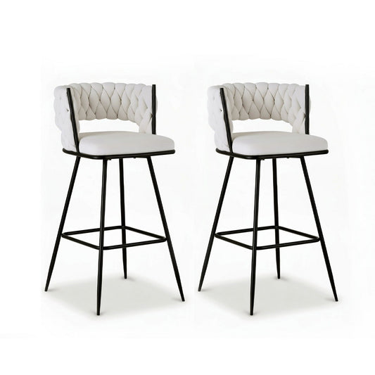 2x Bar Stools Kitchen Dining Chair Counter Stool Woven Velvet Metal Ivory