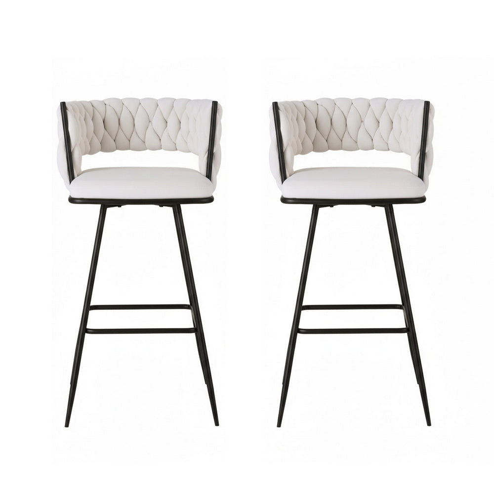 2x Bar Stools Kitchen Dining Chair Counter Stool Woven Velvet Metal Ivory