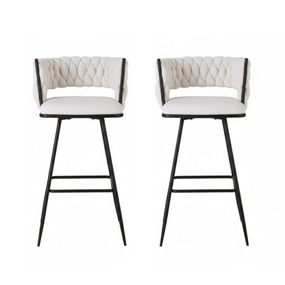 2x Bar Stools Kitchen Dining Chair Counter Stool Woven Velvet Metal Ivory