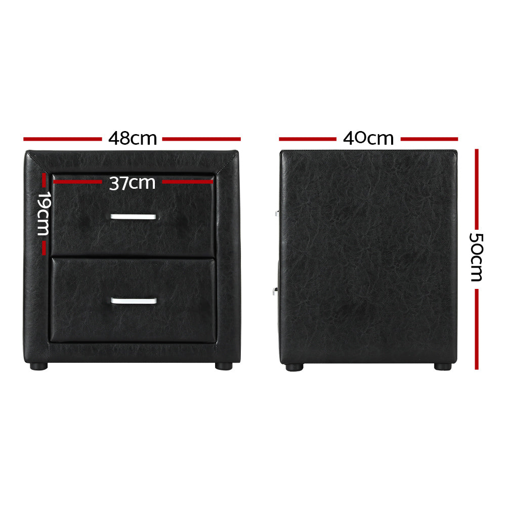 Bedside Table 2 Drawers Side Table Leather - CADEN Black