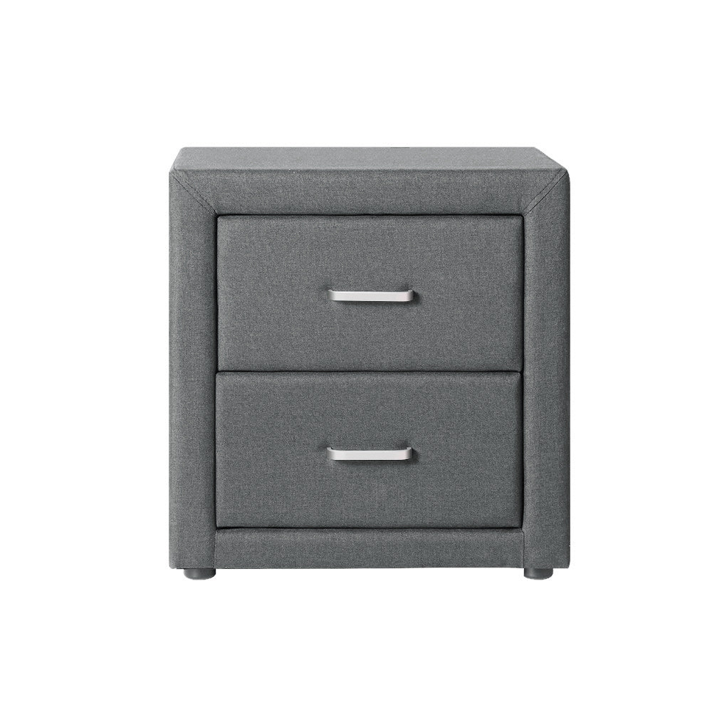CADEN Grey Bedside Table 2 Drawers Fabric