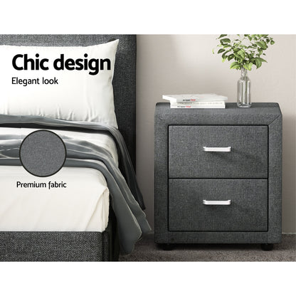 CADEN Grey Bedside Table 2 Drawers Fabric
