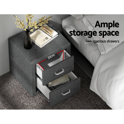 CADEN Grey Bedside Table 2 Drawers Fabric
