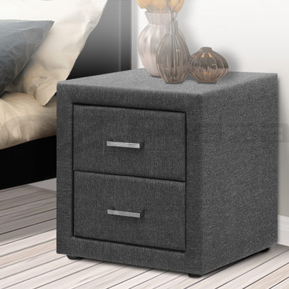 CADEN Grey Bedside Table 2 Drawers Fabric