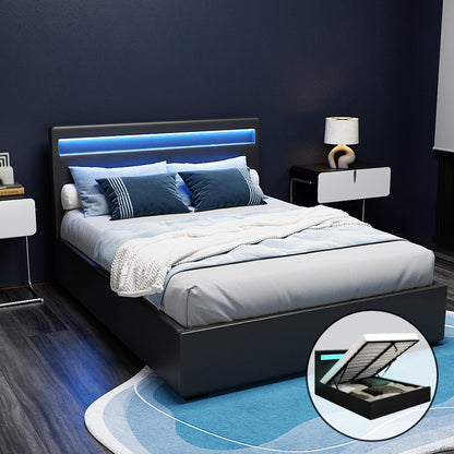 COLE Bed Frame Double Size LED Gas Lift Black