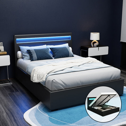 COLE Bed Frame Double Size LED Gas Lift Black