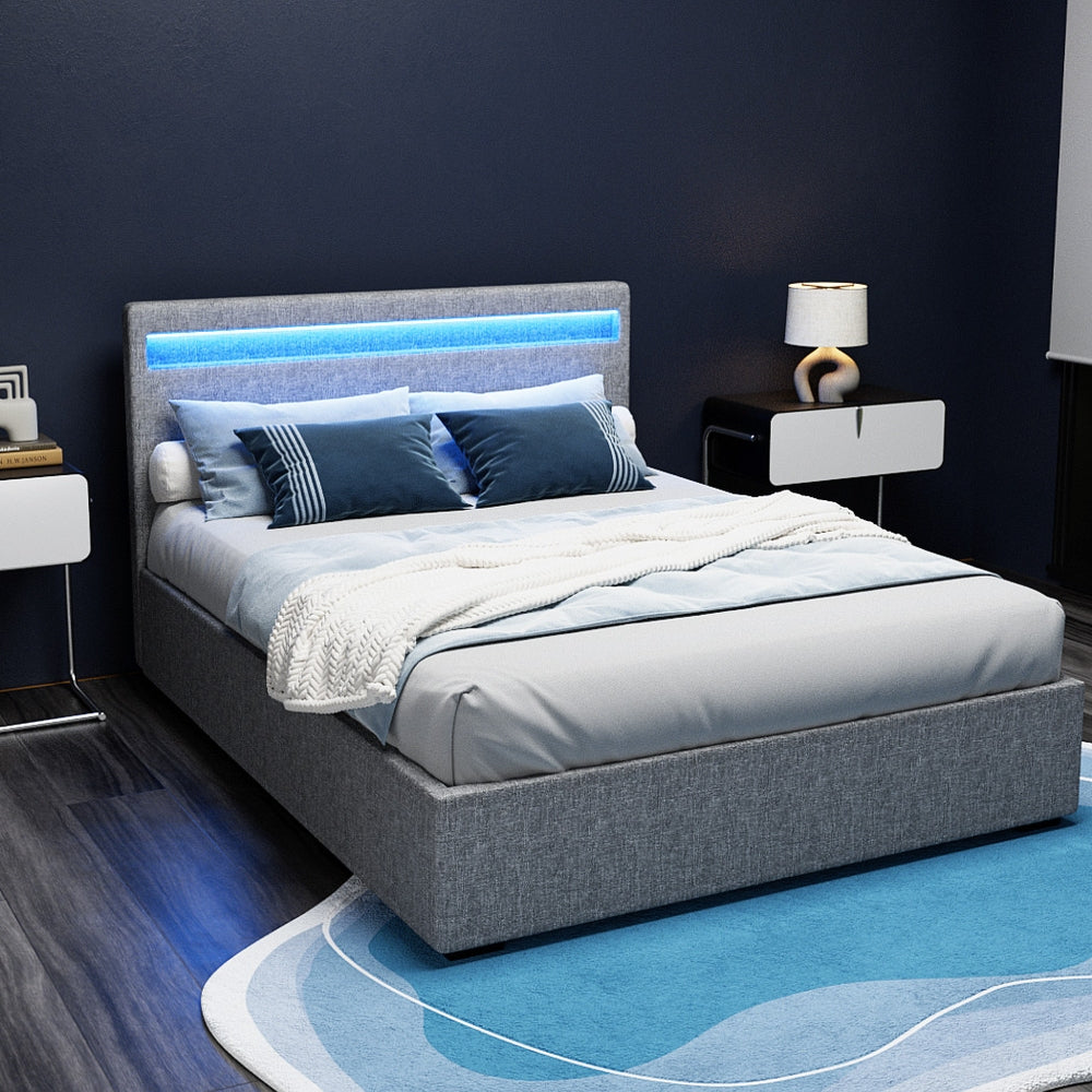 COLE Bed Frame Double Size LED Gas Lift Grey