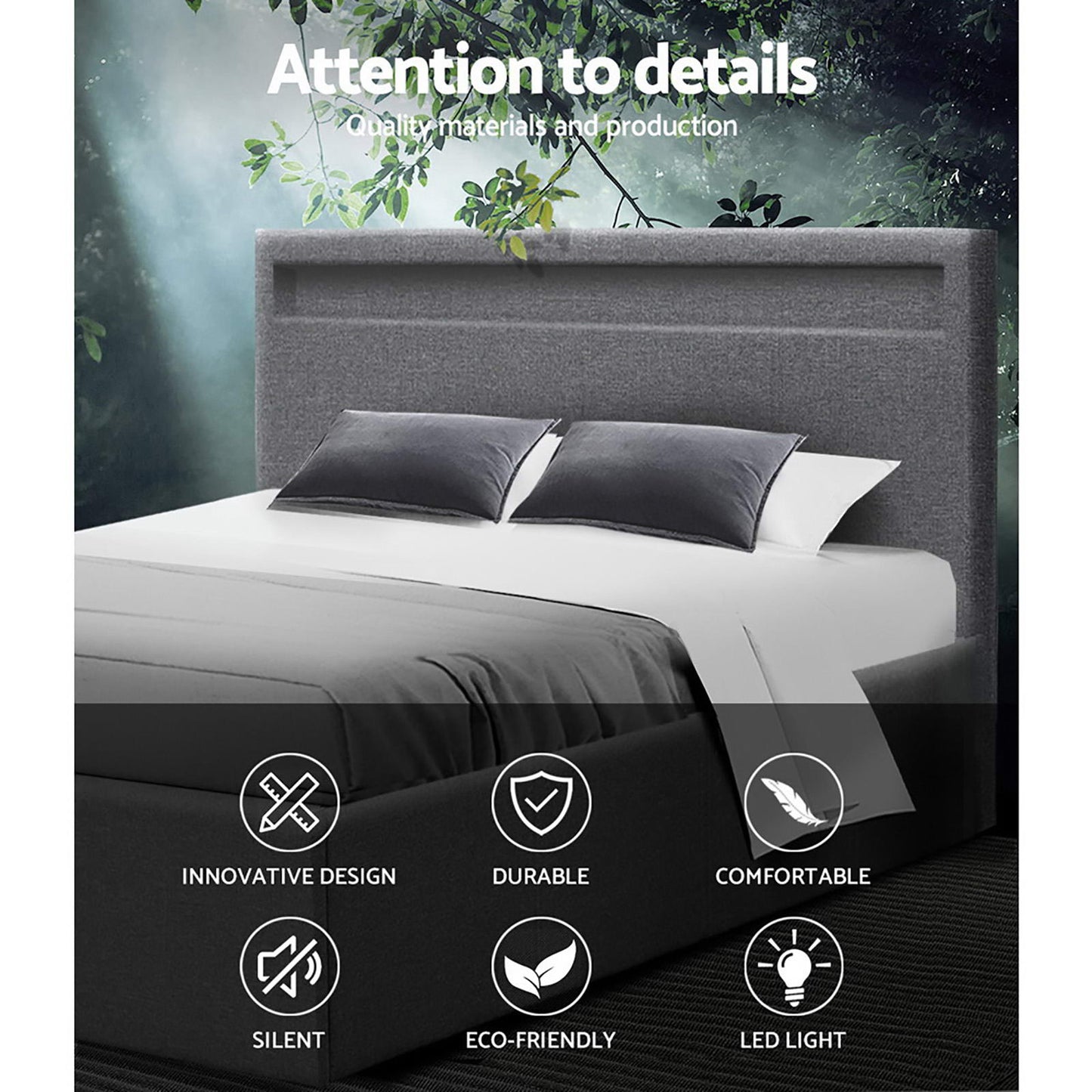 COLE Bed Frame Double Size LED Gas Lift Grey