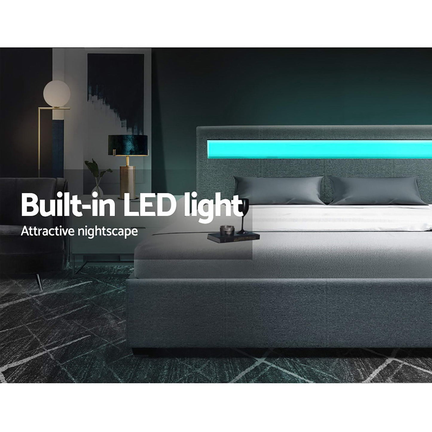 COLE Bed Frame Double Size LED Gas Lift Grey