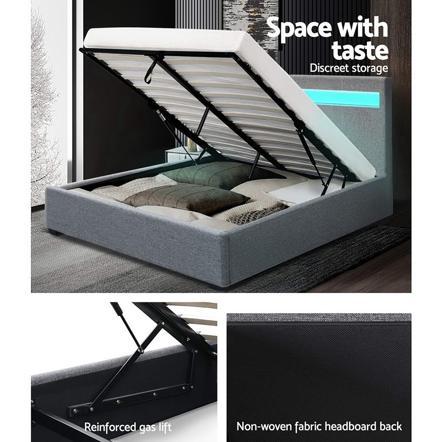 COLE Bed Frame Double Size LED Gas Lift Grey