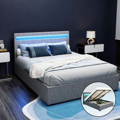 COLE Bed Frame Double Size LED Gas Lift Grey