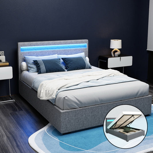 COLE Bed Frame Double Size LED Gas Lift Grey
