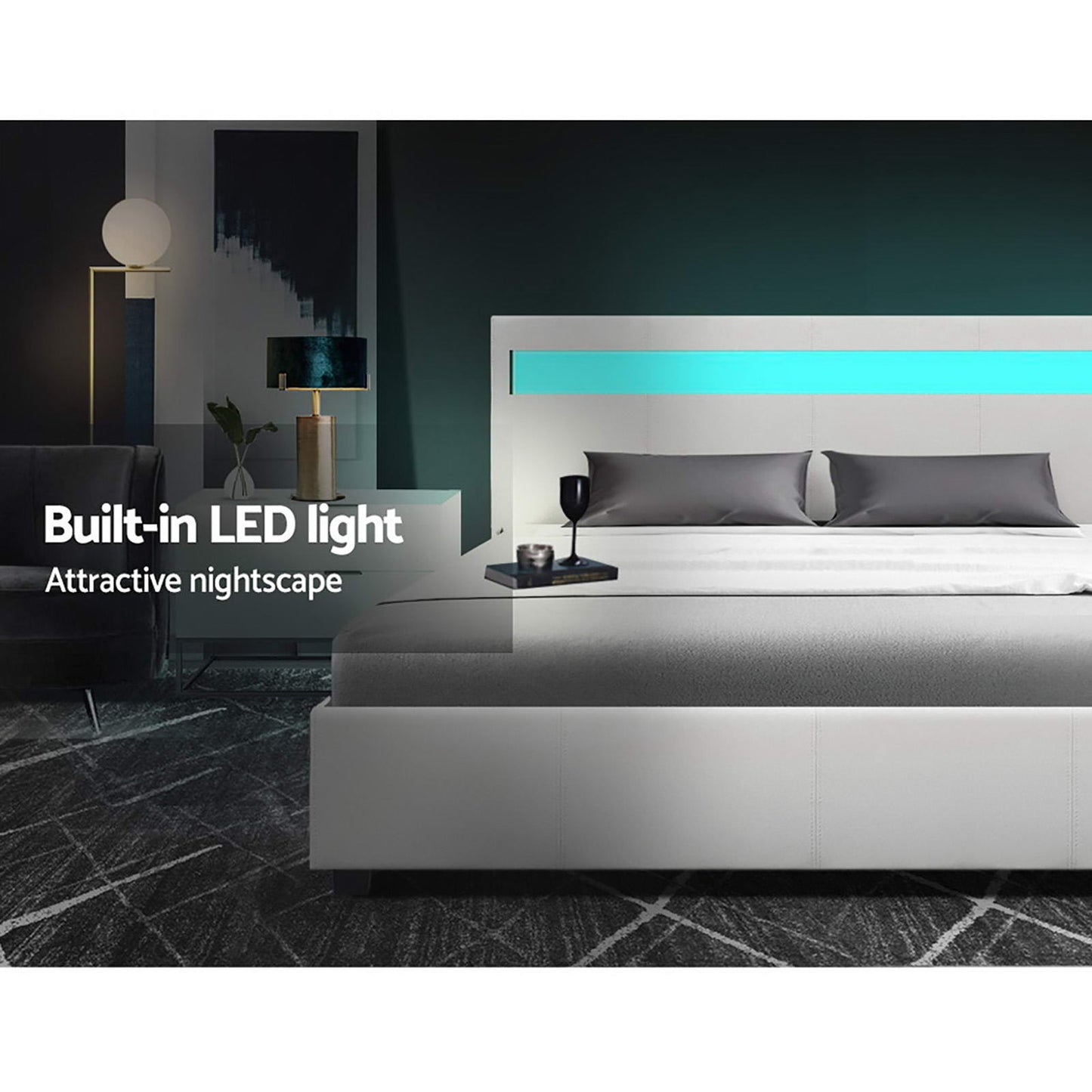 COLE Bed Frame Double Size LED Gas Lift White