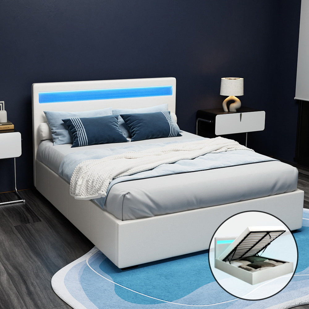 COLE Bed Frame Double Size LED Gas Lift White