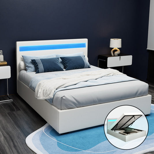 COLE Bed Frame Double Size LED Gas Lift White