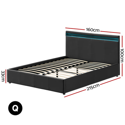 COLE Bed Frame Queen Size LED Gas Lift Black