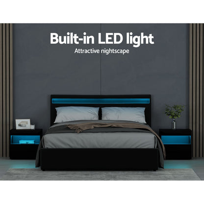 COLE Bed Frame Queen Size LED Gas Lift Black