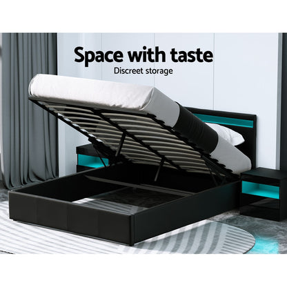 COLE Bed Frame Queen Size LED Gas Lift Black