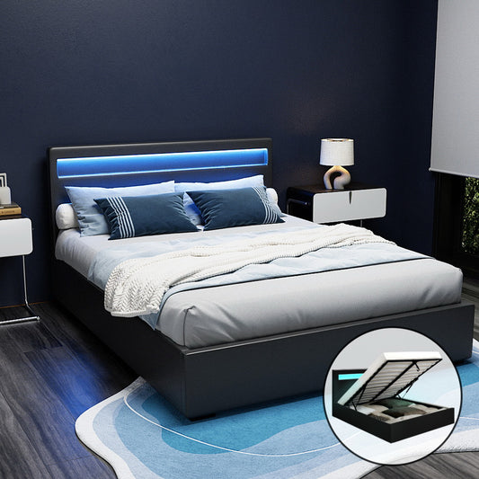 COLE Bed Frame Queen Size LED Gas Lift Black