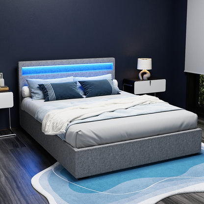 COLE Bed Frame Queen Size LED Gas Lift Grey