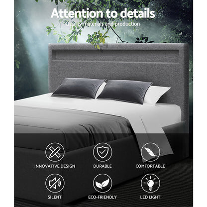 COLE Bed Frame Queen Size LED Gas Lift Grey