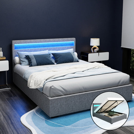 COLE Bed Frame Queen Size LED Gas Lift Grey