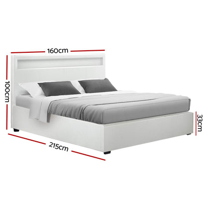COLE Bed Frame Queen Size LED Gas Lift White