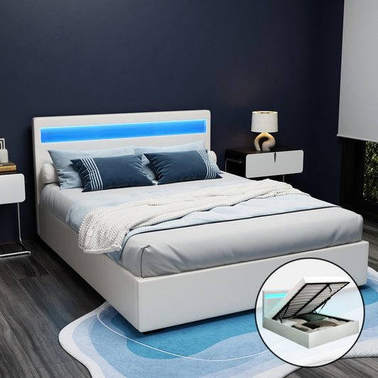 COLE Bed Frame Queen Size LED Gas Lift White
