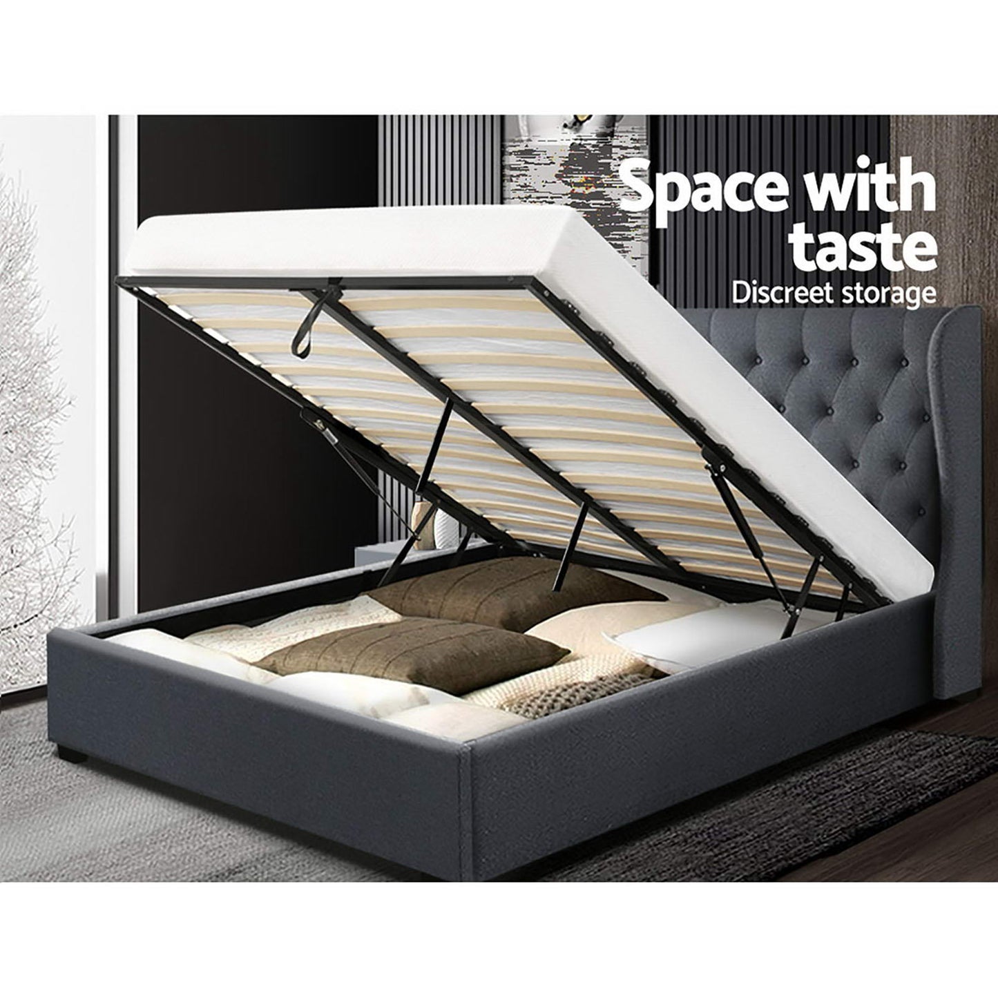 ISSA Bed Frame King Size Gas Lift Charcoal