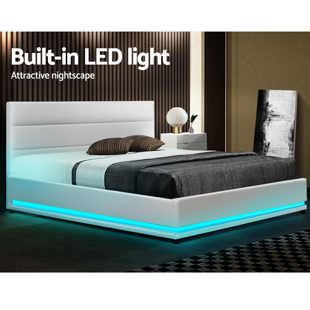 LUMI Bed Frame Double Size LED Gas Lift White