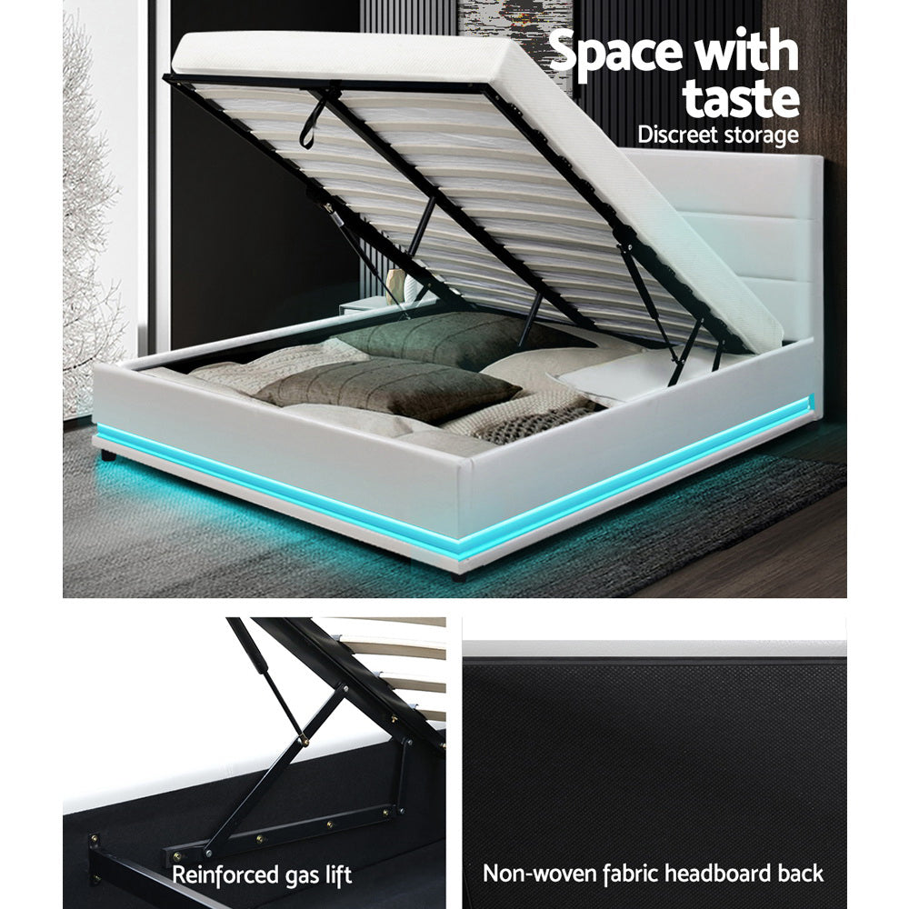 LUMI Bed Frame Double Size LED Gas Lift White