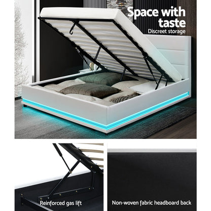 LUMI Bed Frame Double Size LED Gas Lift White