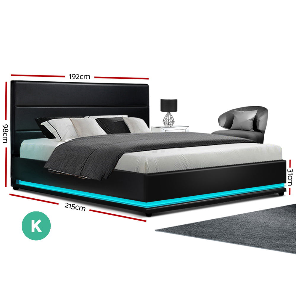 LUMI Bed Frame King Size LED Gas Lift Black