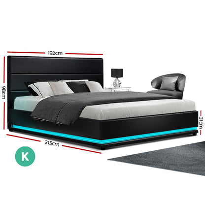 LUMI Bed Frame King Size LED Gas Lift Black