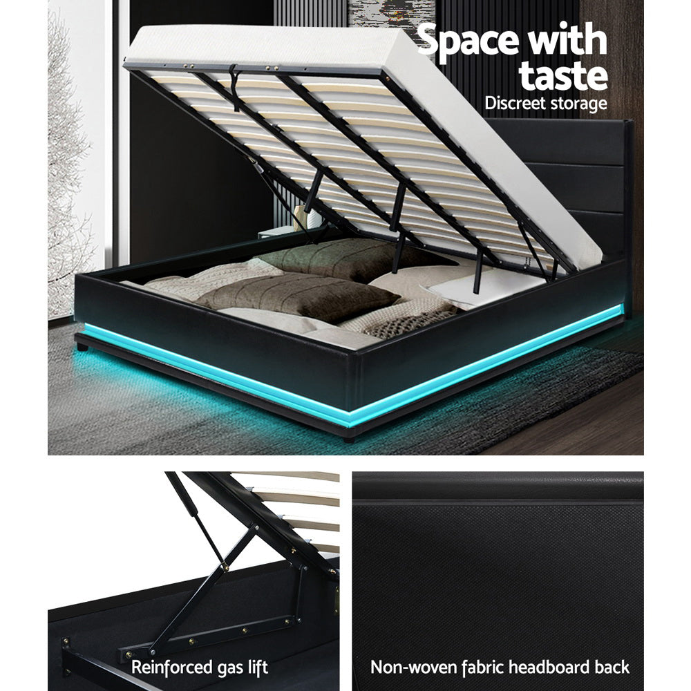 LUMI Bed Frame King Size LED Gas Lift Black