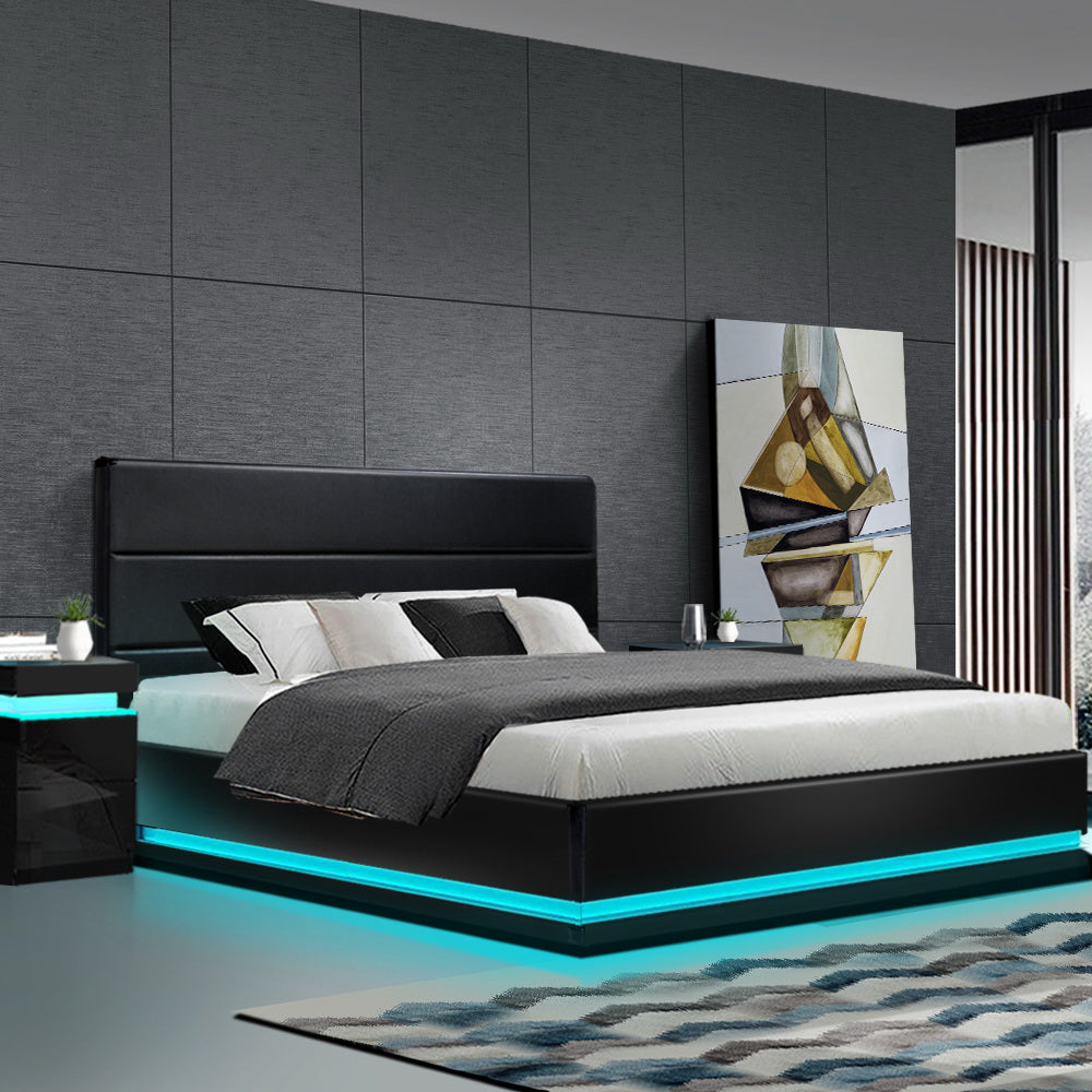 LUMI Bed Frame King Size LED Gas Lift Black