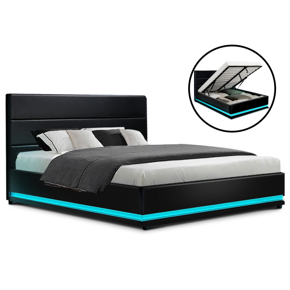 LUMI Bed Frame Queen Size LED Gas Lift Black