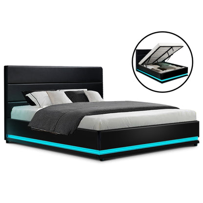 LUMI Bed Frame Queen Size LED Gas Lift Black