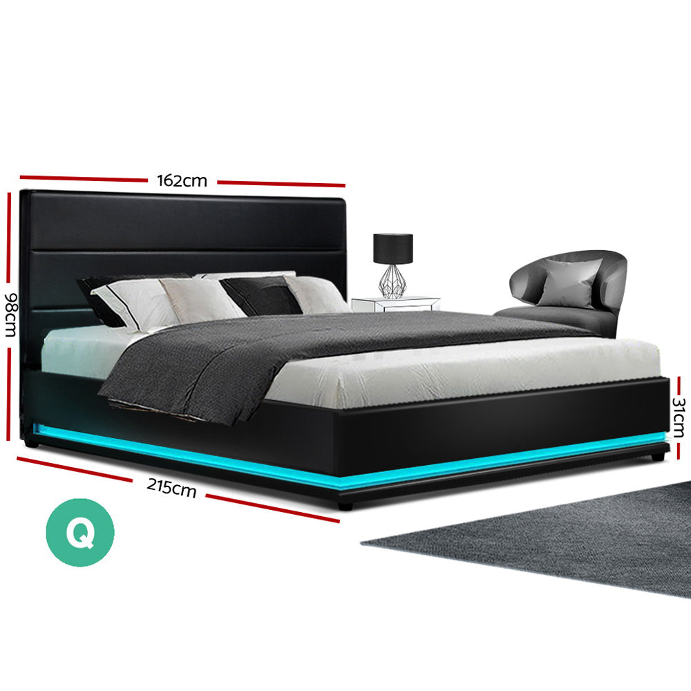 LUMI Bed Frame Queen Size LED Gas Lift Black