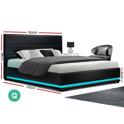LUMI Bed Frame Queen Size LED Gas Lift Black