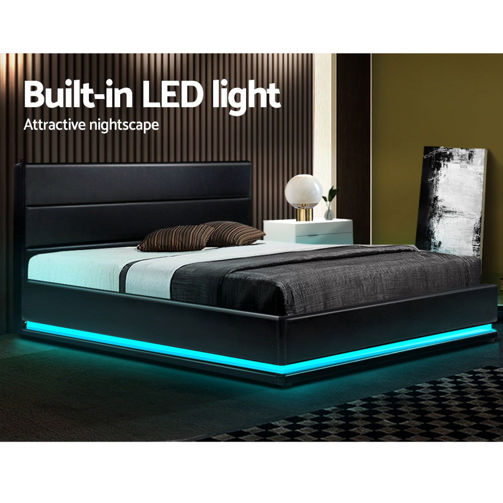 LUMI Bed Frame Queen Size LED Gas Lift Black