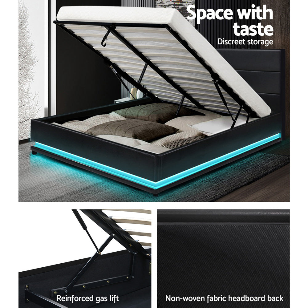 LUMI Bed Frame Queen Size LED Gas Lift Black