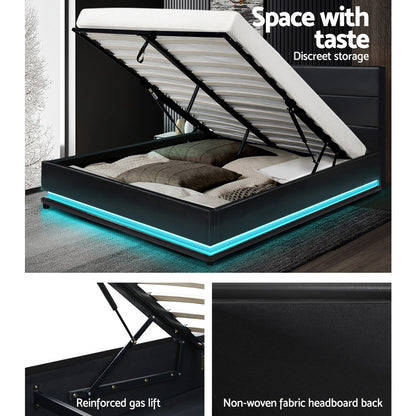 LUMI Bed Frame Queen Size LED Gas Lift Black